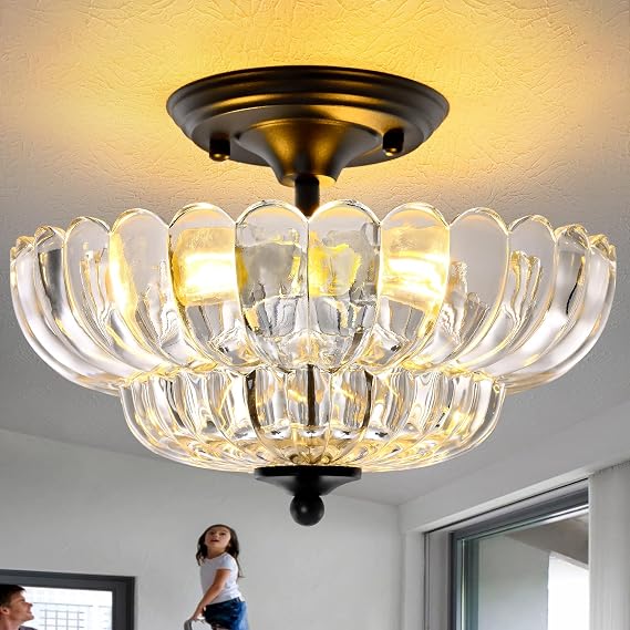 Modern Black Ceiling Light Fixture, Clear Glass Flush Mount Chandeliers, Semi Flush Mount Ceiling Light Fixture Suitable for Living Room Hallway Kitchen Bedroom [Energy Class C]