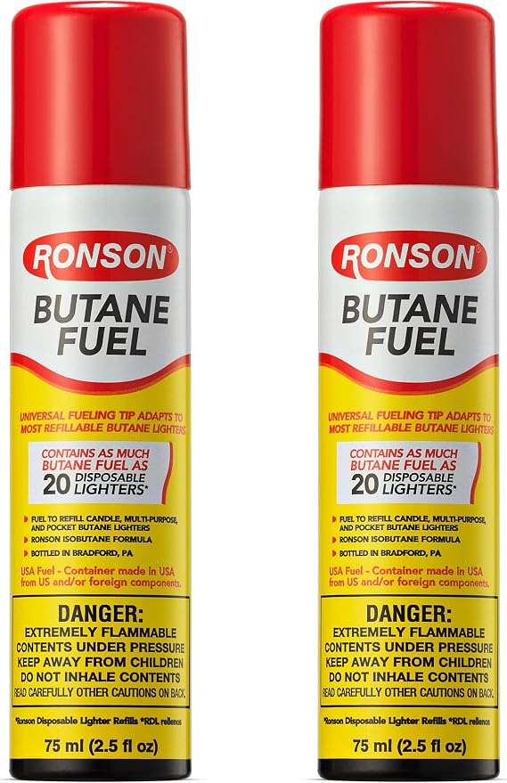 Ronson Butane Fuel Refill 75ml Pack of 2 Universal Lighter Fluid Refill for Torch, Kitchen, and Utility Lighters Clean Burning Butane Gas for Refillable Lighters
