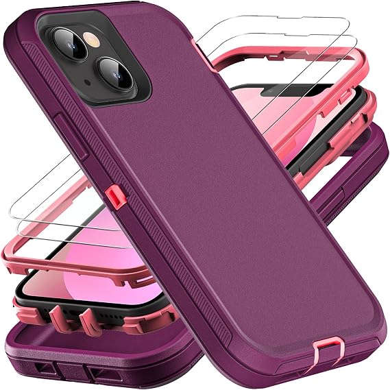 YKHJKLEC iPhone 13 Mini用ケース ミリタリーグレード 3イン1 高耐久 耐衝撃/落下/防塵ケース 強化ガラススクリーンプロテクター 2枚付き パープル/ピンク