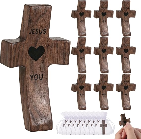 Zourglow 10 Pcs Wooden Cross Fidget, Pocket Crosses Bulk with Organza Bag
