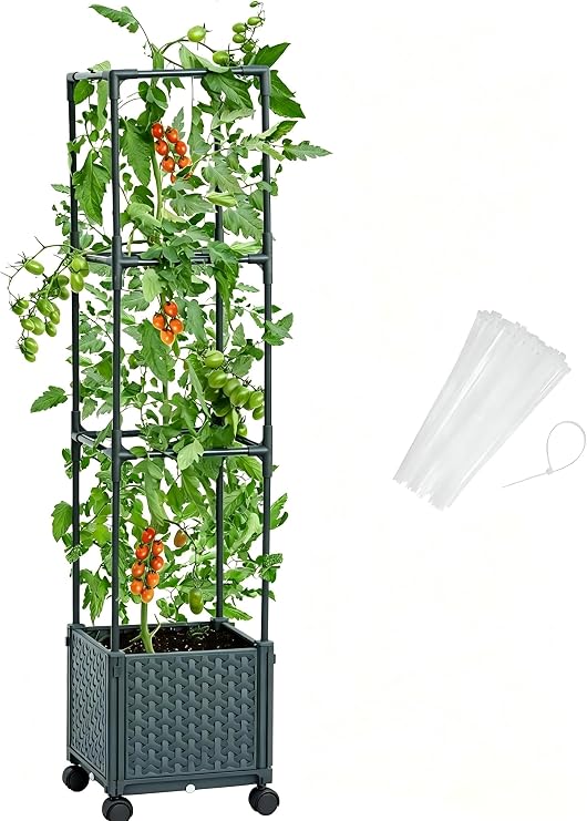 LINEX Raised Garden Bed Planter Box with Trellis, 41.3 Tomato Planters for Climbing Plants Vegetable Vine Flowers Outdoor Patio, Tomatoes Cage w/Self-Watering& Wheels