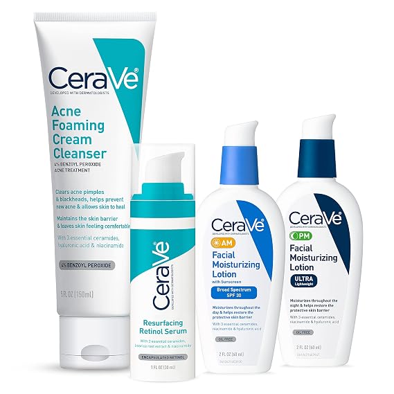 CeraVe Acne Skin Care Set, Foaming Cleanser + Retinol Serum + AM&PM Lotion
