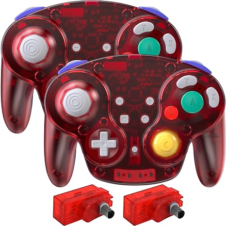 2 Pack 2.4 GHz Wireless GameCube Controller for NGC Console, Clear Red | (Built-in Vibration) (Rechargeable) (Analog Triggers / Stick) (Plug and Play)