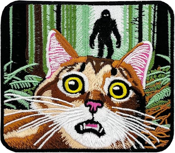 4" Funny Meme Patch Iron On, Surprised Tabby Cat Selfie with Bigfoot Sasquatsch Embroidered Patch for Hoodie Backpack Jeans Jacket