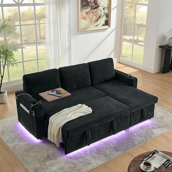 85" Convertible Sleeper Sofa Bed, L Shaped Foldable Sofa Bed, Modern Comfy Pull Out Couch Bed with Storage Chaise, Retractable Table, LED Lighting, USB Charging Ports and Cup Holders, Black
