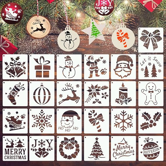 YEAJON 25Pcs Small Christmas Stencils 3x3 Inch for Painting on Wood, Fabric, Paper, Windows, Cards, DIY Ornaments, Reusable Merry Christmas & Santa Drawing Templates
