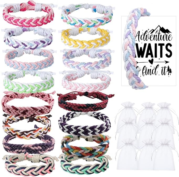 16 Set Friendship Bracelet Party Favors Braided Friendship Bracelets with Cards Adjustable Woven Friendship Bracelets Handmade Braided Bracelet for Teens Adults Camping Party Favors
