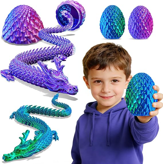 2 Pack 12" 3D Printed Dragons with Eggs, Easter Basket Stuffers, Large Prefilled Eggs Set for Kids Easter Egg Hunt, 3D Printer Animals with Fidget Toys for Boys Girls Age 4-6 5-7 8-12 (Eastern Dragon)