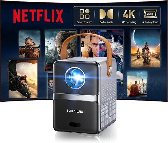 4K Mini Projector Netflix Ready,30000 Lumen Smart Portable Bedroom Cinema WiMiUS P61 PRO Projector with 3D Dolby Audio Short Throw, TOF 1s Focus WiFi6 Bluetooth 5.4 HDR10 for Home Garden Movies,Gifts
