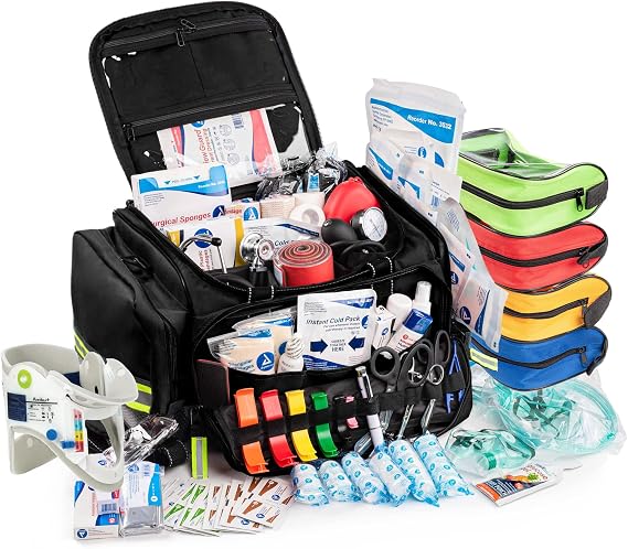 Scherber Fully-Stocked First Responder Professional Advanced EMT/EMS Trauma Kit | HSA/FSA Approved | Reflective Bag w/10+ Compartments, Zippered Pockets & 250+ First Aid Supplies (Black)