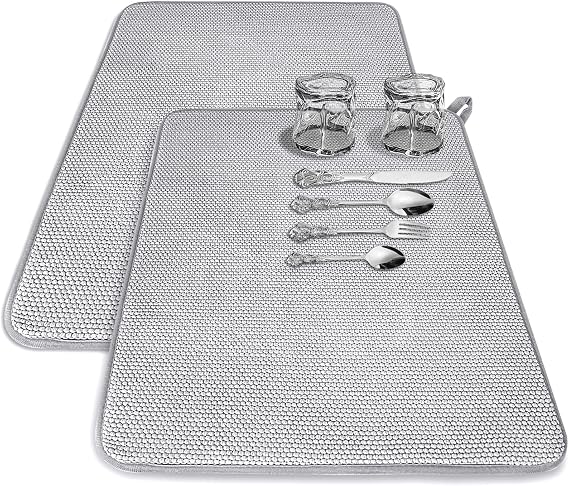 2 Pcs Large Dish Drying Mat for Kitchen Counter,24 x 17 inch Absorbent Microfiber Dishes Drainer Mats,XL Dish Drying Pad for Countertops,Racks,Under Sink(Gray)