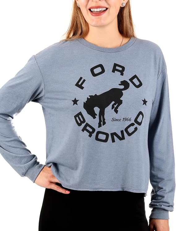 Ford Bronco Crop Top for Women Flint Blue Heather Long Sleeve Shirt Circle Logo Graphic Officially Licensed