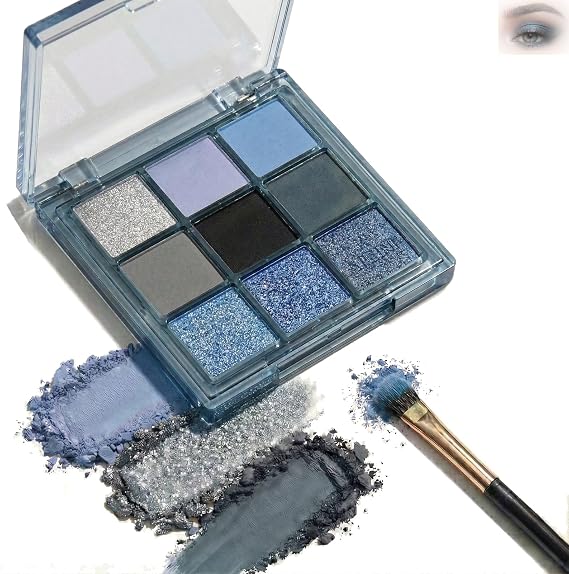 Blue Eyeshadow Palette, 9 Cool-Toned Matte And Sparkling Shades, Compact