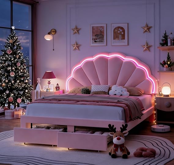 Girls Full Upholstered LED Bed Frame with Petal Headboard & Storage, Pink
