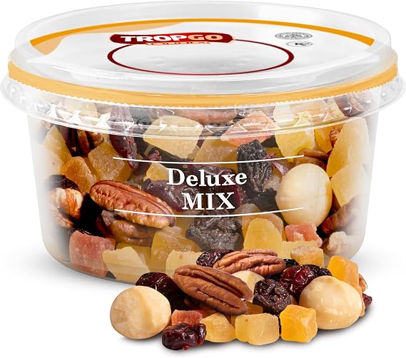 Tropgo Deluxe Mix 180gr - Mixed Nuts and Dried Fruits in a Resealable and Recyclable Nut Tub - Contains Fibre, Protein, and Essential Minerals -