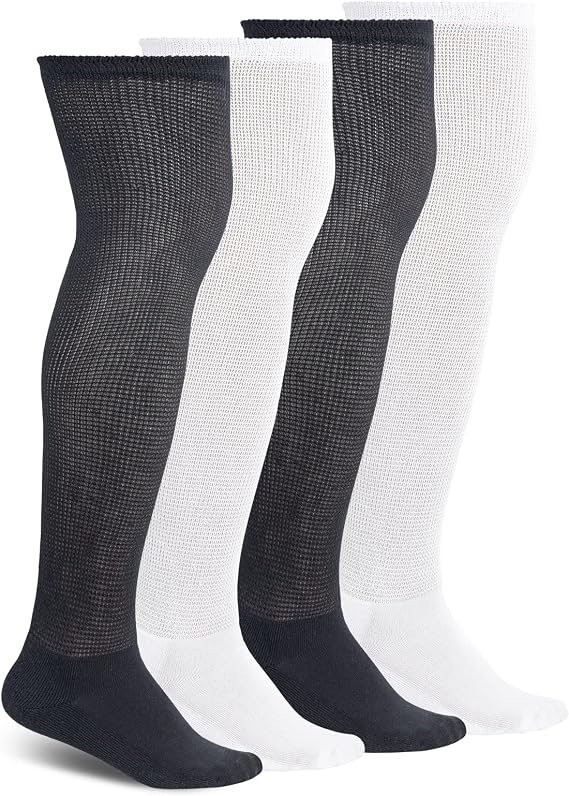Non-Binding Over the Knee Diabetic Socks for Men, 4 Pairs Circulatory Socks with Cushion Sole