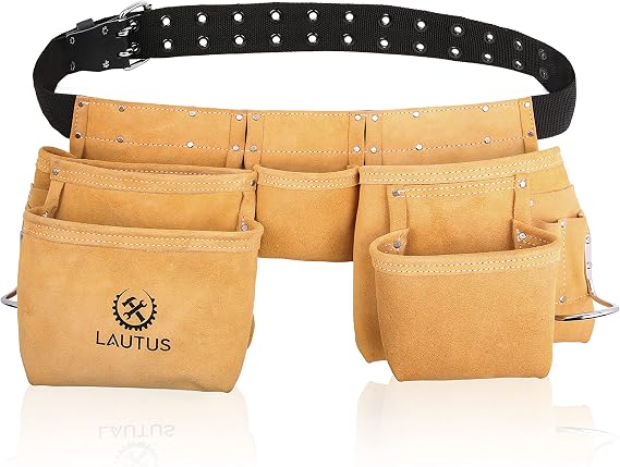 LAUTUS Suede Tool Belt/Pouch/Bag/Work Apron | Carpenter, Construction, Framers, Electrician |11 Pockets | Adjustable Double Pronged Belt | 2 Hammer Loops|