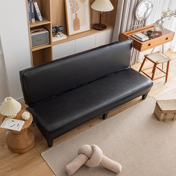 High Stretch Sofa Covers Armless Sofa Cover Fitted Elastic Solid Color Futon Cover Furniture Protector with Elastic Bottom for Kids, Pet, Machine Washable,Black,L