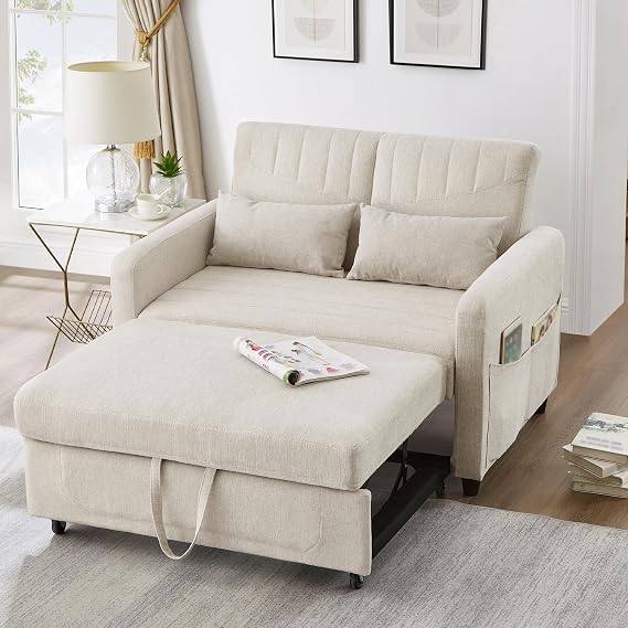2 Seater Sofa Pull Out Sofa Bed with Pull Out Design and Sleeping Function, Sofabed Couch Bed with Three-Level Adjustable Backrest and Storage Bag, Loveseat Sofas, Cotton Linen, Beige