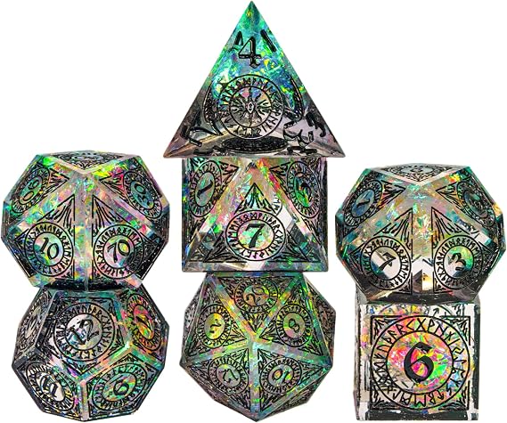 Cusdie Sharp Edges DND Dice, 7 PCs D&D Dice, Handcrafted Polyhedral Dice Set, for Role Playing Game (Black Pattern)