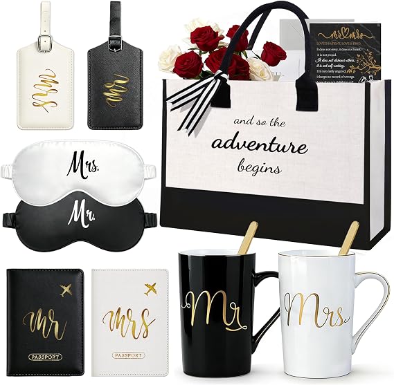 Jumway Wedding Gifts Basket, Gifts for Bridal Shower Engagement Wedding and Married Couples Anniversary - Tote Bag Ceramic Marble Coffee Mugs Gift Set Black