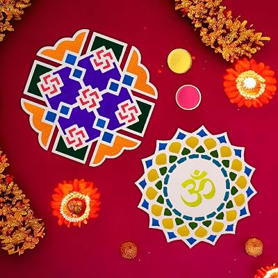 Satvik 2 Pc Different Design Portable MDF Rangoli 12 Inch Wooden Base Rangoli Stencil Rangoli Pallet for Floor Home Diwali Decoration, Pooja Decor DIY Reusable MDF Rangoli Mat with Wooden Base