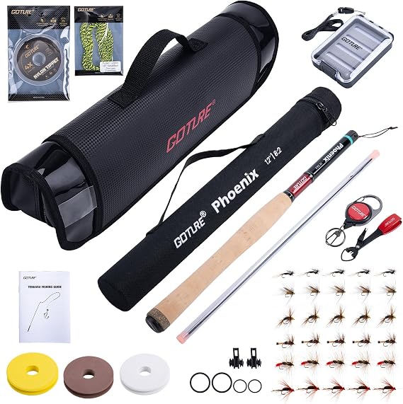 Goture 12ft Tenkara Rod Combo 24T 30T Carbon Fiber Backpacking Fly Fishing Kit with 30 Flies Tippet and Storage Bag