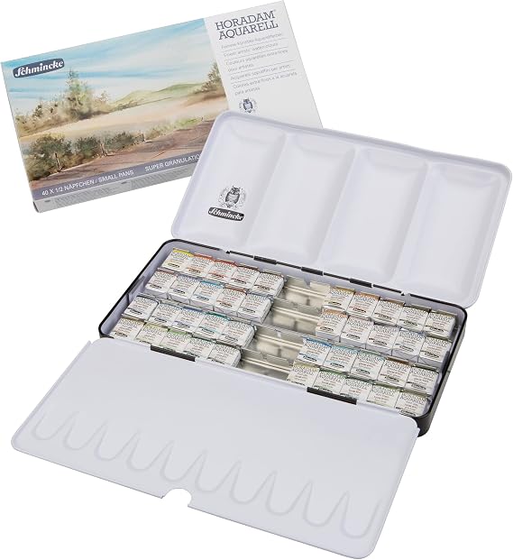 Schmincke - HORADAM AQUARELL, Super Granulation Set Complete Assortment, 40 x Half Pans, 74 440 097, Metal Box, Very Strong granulating Colors, Finest Super granulating Watercolors