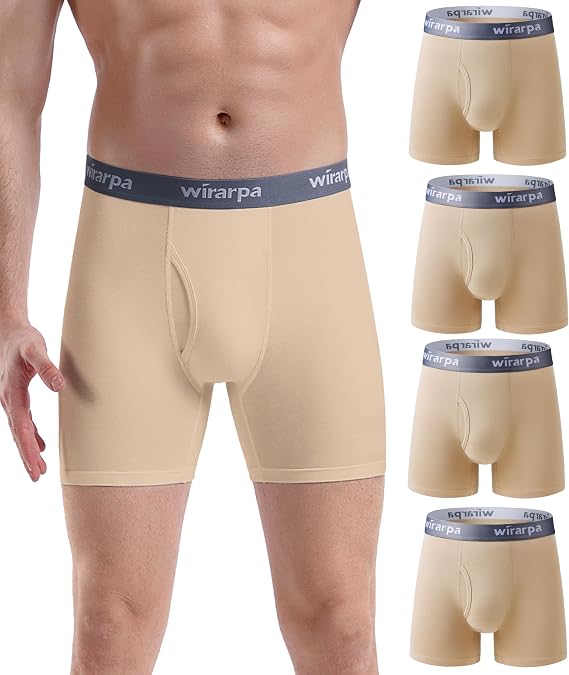 wirarpa Men's Boxer Briefs Cotton Stretch Underwear Open Fly Tagless Underpants Regular Leg 4 Pack
