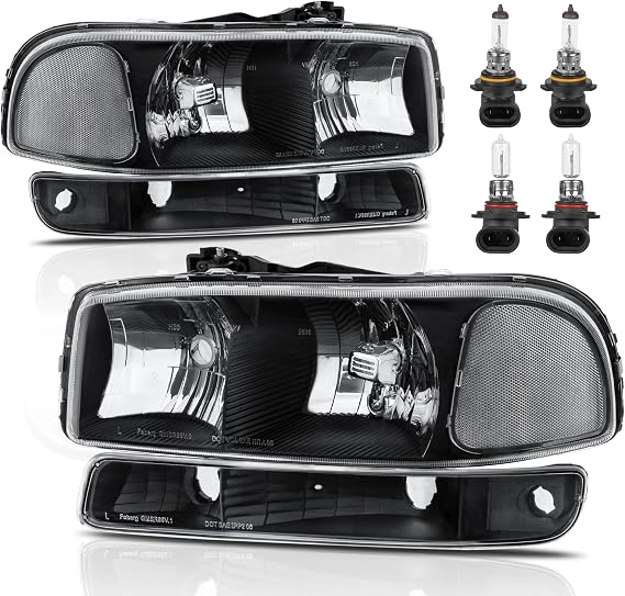 KUIPERAUTO Headlight Assembly Front Lamp Compatible with 1999-2006 GMC Sierra 1500 2500, 2000-2006 GMC Yukon Headlamp w/Bulb Black Housing/Clear Lens/Clear Corner