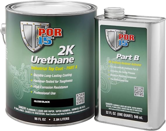 POR-15 2K Urethane - Gloss Black - 128 FL OZ - Two Part Industrial Top Coat | Durable Long-Lasting Coating | Hammer Tough Finish