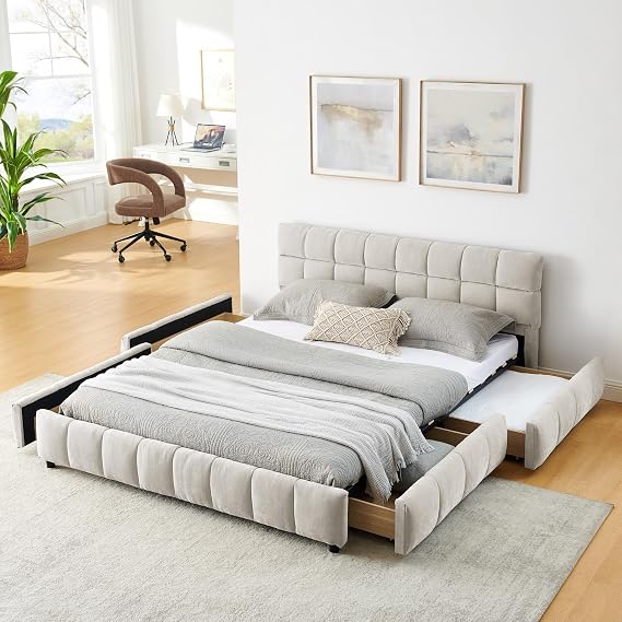 extrasleep Cloud Bed Frame with 4 Storage Drawers Queen Size, Upholstered Storage Bed Frames with Chenille Fabric, Modern Soft Frame Cloud Bed, Marshmallow Bed Frame, No Box Spring Needed, Beige