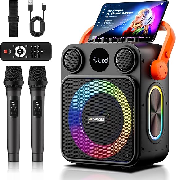 SANSUI D70 Karaoke Machine, Portable Bluetooth 5.1 Speaker with 2 Wireless Mics, PA System with Pitch Correction & Echo for Adults & Kids, Supports TWS/TF/USB/AUX/Live Home Party