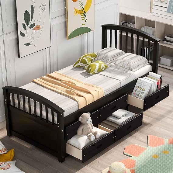 Harper & Bright Designs Twin Bed Frame with Storage Drawers, Solid Wood Captains Bed Frame,No Box Spring Needed (Espresso Twin Bed with Drawers)