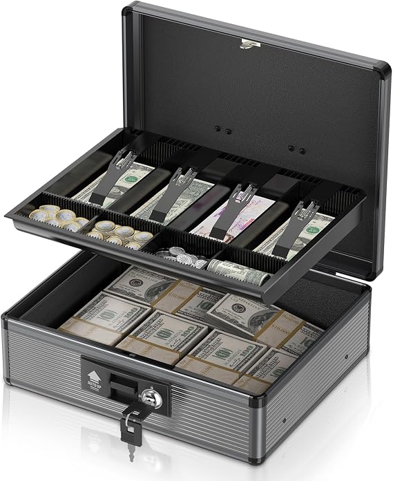 Locking Cash Box with Money Tray and Key, Secure Money Safe Box for Cash, Portable Money Box with Bottom Storage Spaces, Money Saving Organizer(Black, Extra Large)