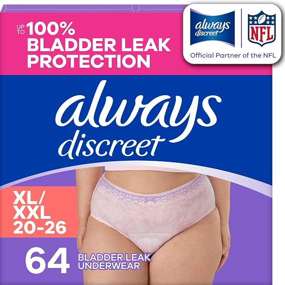 Always Discreet Adult Incontinence Underwear for Women and Postpartum Underwear, XL, Up to 100%* Bladder Leak Protection, 64 CT,
