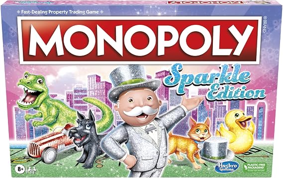Hasbro Gaming Monopoly Sparkle Edition Board Game, Family Games, with Glittery Tokens, Pearlescent Dice, Sparkly Look