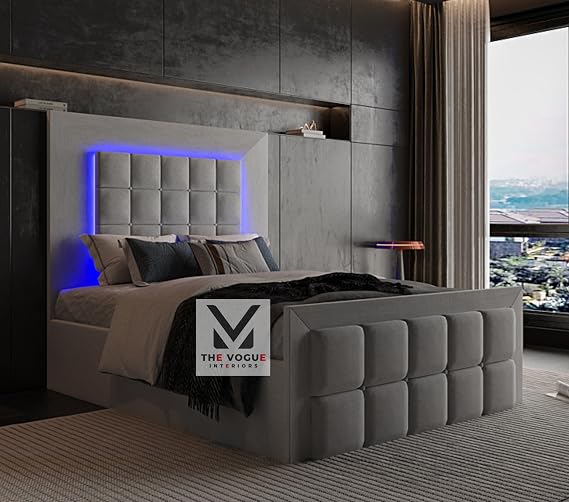Bed Frame with LED Colour Light | Upholstered Ottoman Storage Bed | Velvet Double Bed Frame | Bed Frame (Cream Plush Velvet, 5FT KING)