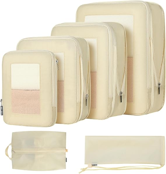 Compression Packing Cubes for Travel, 7 Pcs Travel Essentials Suitcase Organizer Bags Set for 20-22 Inch Carryon Luggage, Compression Bags with Shoe & Electronic Bag, 2-Beige, For 26" Luggage