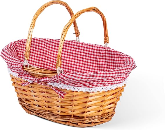 Foldable Handle Wicker Shopping Baskets Gift Hamper with Fabric Lining (Honey, Small)