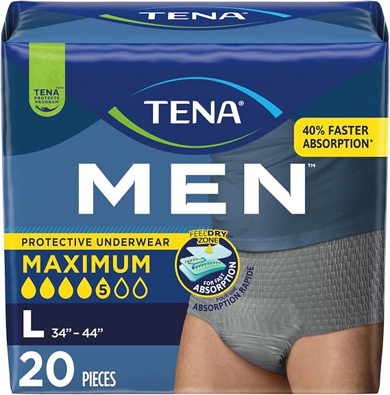 Tena Men Protective Underwear for Men, Maximum Absorbency, Better Fit, Adult Diaper, Large, 20 Count