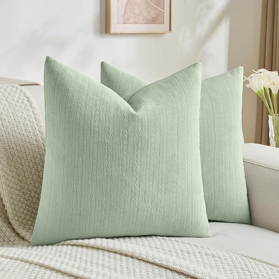 FUTEI Pack of 2 Solid Chenille Throw Pillow Covers 18x18 Inch Soft Cozy Wheat Ear Striped Textured Decorative Cushion Cases Modern Farmhouse Accent for Couch Bed Living Room, Sage Green