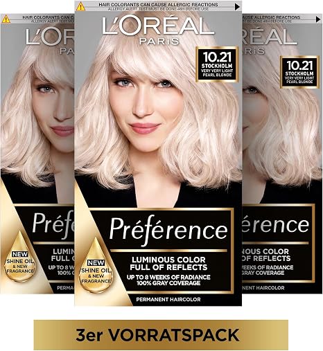 L'Oréal Paris permanent hair colour with cool colour result, hair dye set with colouration and anti yellow tint care balm, Préférence cool blondes, No. 7.1 cool medium blonde (Hamburg), 1 piece