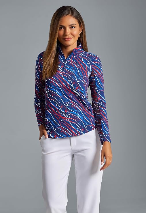 IBCOOL Athleisure Wear Sun Protective UPF 50+ Icefil Cooling-Patriotic Confetti Print Long Sleeve Mock Neck Top-10091