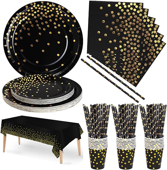 Nkaiso 126 Pcs Black Gold Party Plates Cups and Napkins Set for 25 Guests