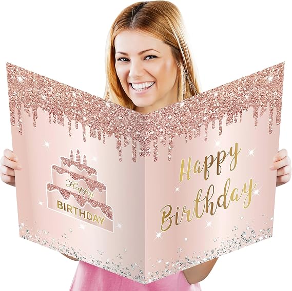 Jumbo Birthday Card With Envelope, Giant Guest Book Happy Birthday Greeting Cards for Girls Women, Large Birthday Card Gifts Decorations Party Supplies, Pink Rose Gold Extra Big Birthday Card Decor(14