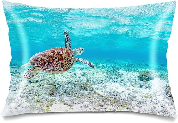 Silk Satin Pillowcase for Hair and Skin,Coastal Throw Pillow Cover Queen Size Pillowcases Envelope Closure,Nautical Pillow Covers Sea Turtle Decorative Bed Cushion Case,20"x30",Aqua Blue