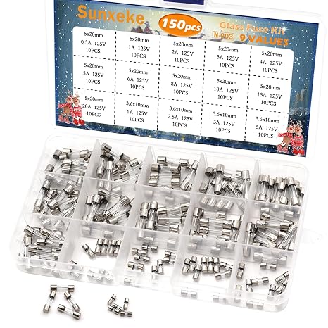150Pcs Christmas Light Fuses 15 Values 125V Fast Blow Glass Fuse Assortment Kit 3.6X10mm 1 2.5 3 5 A 5x20mm 0.5 1 2 3 4 5 6 8 10 15 20A Mini for Christmas Tree LED Lights