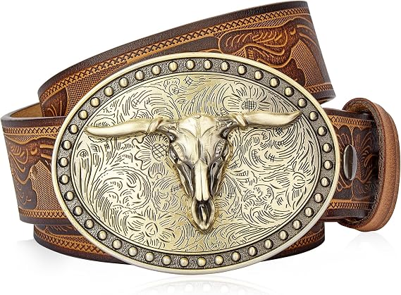BISON DENIM Mens Belt Leather Western Cowboy Belts for Men Cinturones