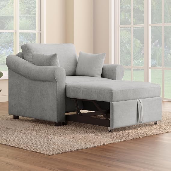 Chenille Convertible Sleeper Chair with Adjustable Backrest, 3 in 1 Lounger Chair Turns Into Bed, Single Bed for Living Room, Gray